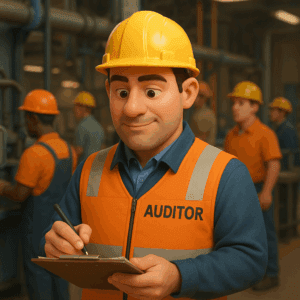 an ai generated image of an auditor performing an audit in a factory